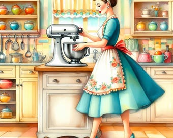 May include: Watercolor illustration of a woman in a vintage kitchen using a silver stand mixer. She wears a teal dress, floral apron, and teal heels. Kitchen cabinets and shelves display colorful teapots and kitchenware, creating a retro, domestic scene.
