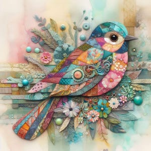 Pode incluir: Representação artística de um pássaro com intrincados padrões de patchwork. O pássaro apresenta um mosaico de cores vibrantes, incluindo azul, rosa, laranja e turquesa. Flores e folhas decorativas circundam o pássaro, criando um design detalhado e caprichoso.
