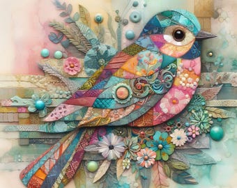 May include: A colorful, artistic depiction of a bird with intricate patchwork patterns. The bird features a mosaic of vibrant colors, including blue, pink, orange, and teal. Decorative flowers and leaves surround the bird, creating a whimsical and detailed design.