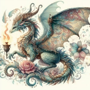 May include: A teal blue dragon with intricate gold and brown patterns on its scales and wings. The dragon is holding a golden torch and is surrounded by delicate floral designs in shades of pink and white.