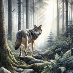 May include: A lone wolf stands on a rocky path in a misty forest. Sunlight streams through the trees, illuminating the wolf's fur and the surrounding ferns.