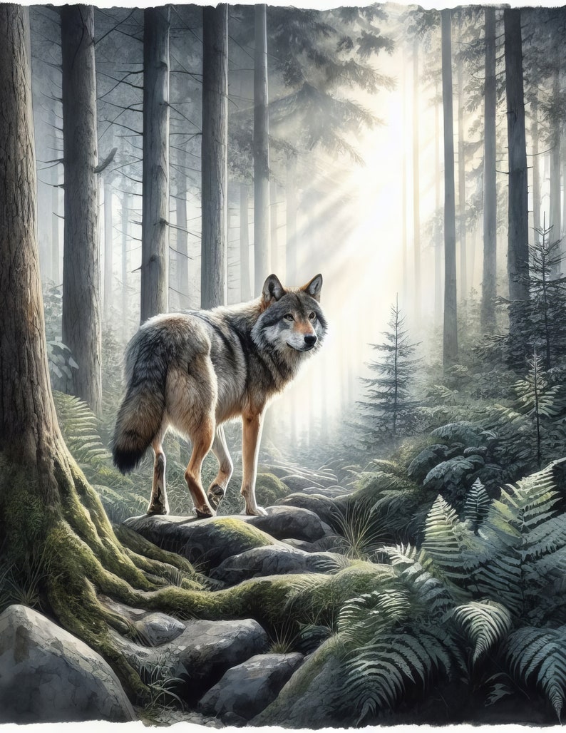 May include: A lone wolf stands on a rocky path in a misty forest. Sunlight streams through the trees, illuminating the wolf's fur and the surrounding ferns.