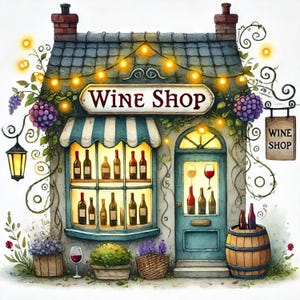Puede incluir: Una encantadora ilustración de una tienda de vinos pintoresca con una puerta azul, un escaparate de botellas de vino y un letrero que dice "Wine Shop". La tienda está decorada con luces de cadena y rodeada de exuberante vegetación.