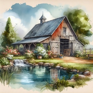 55 imágenes de un antiguo granero con estanque: Arte digital, descarga imprimible, imágenes vintage, álbumes de recortes, diarios, creación de tarjetas