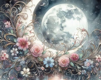 May include: A digital painting of a full moon and crescent moon with floral accents. The artwork features a night sky with stars, a reflective water surface, and pink, white, and blue flowers.