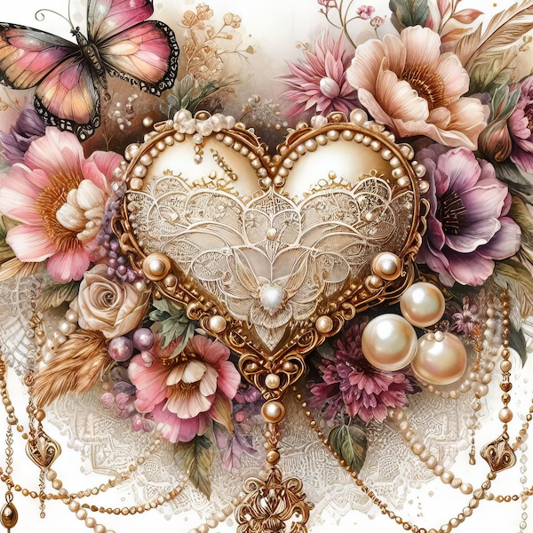 Kit digitale 52 Boho Gold Heart Immagini Arte digitale Kit stampabile Download digitale istantaneo San Valentino Cuore Vintage Digitali