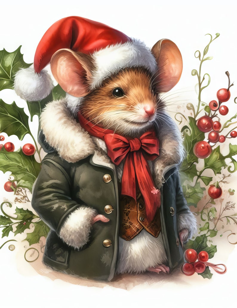May include: A charming illustration of a mouse dressed for the holidays. The mouse wears a red Santa hat, a red bow tie, and a green coat with a fur collar. Holly and berries surround the mouse, creating a festive Christmas theme.
