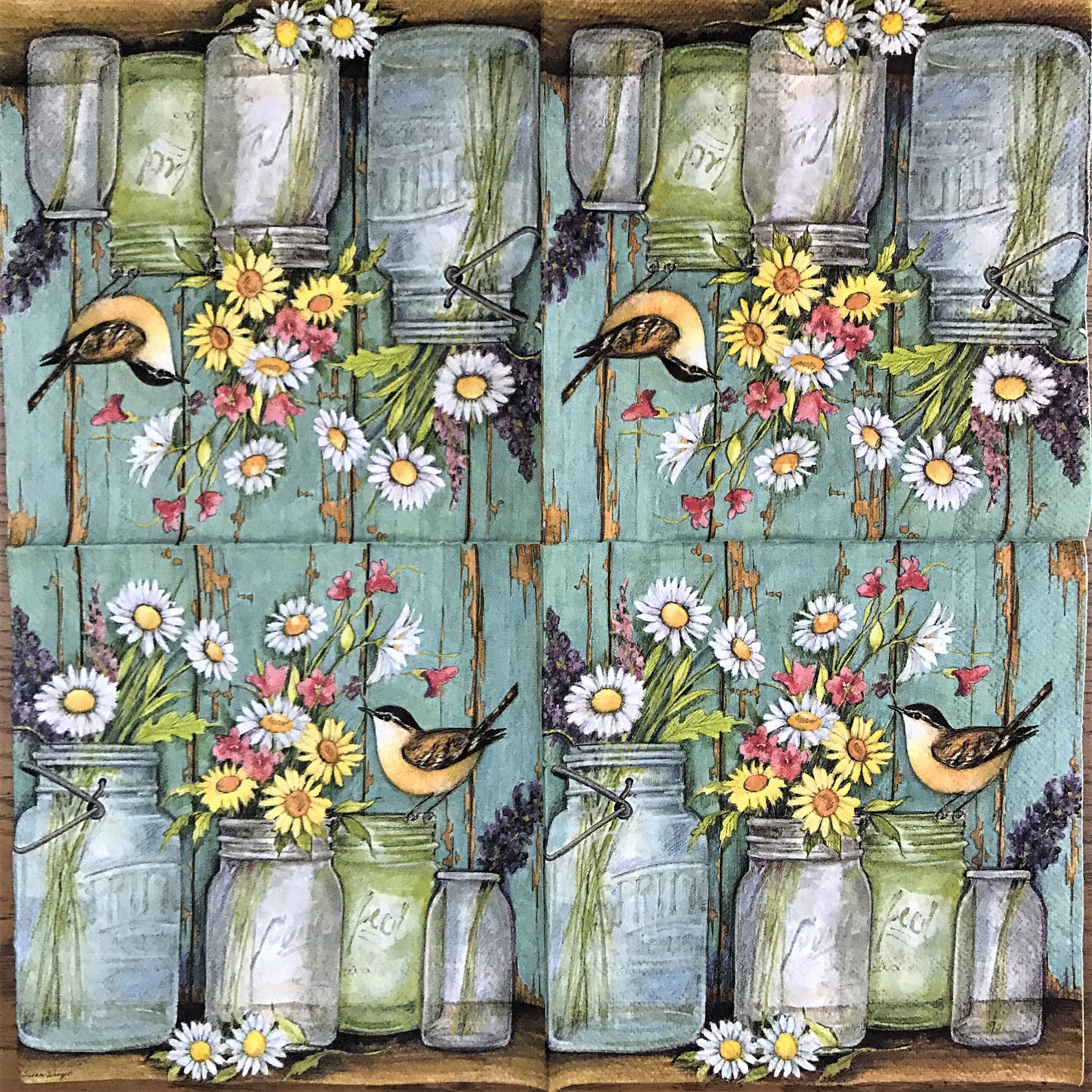 Decoupage Napkin 5 x 5 Bird with Mason Jars Etsy