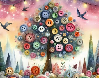 May include: A whimsical illustration of a tree adorned with colorful buttons of various sizes and hues. The tree stands against a soft pink and purple sky, with birds in flight and twinkling lights. A collection of buttons forms the base of the tree.