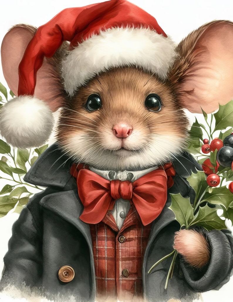 May include: A charming watercolor illustration of a mouse dressed for the holidays. The mouse wears a red Santa hat, a black coat, and a red plaid vest with a matching bow tie. It holds holly sprigs.