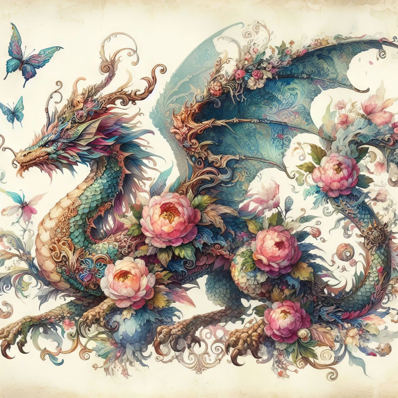 May include: A green dragon with intricate gold and blue details is surrounded by pink and white flowers. The dragon's wings are spread out and the flowers are blooming around it.