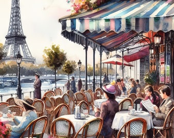 Può includere: Dipinto ad acquerello di una scena di caffè parigino. La Torre Eiffel è sullo sfondo. Tavoli e sedie sono disposti su una strada acciottolata. Le persone sono sedute ai tavoli, alcune leggono giornali. Una tenda a strisce ombreggia il caffè.