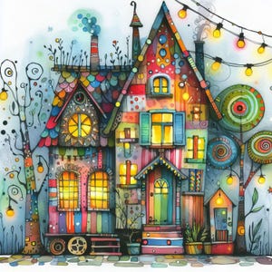 May include: A whimsical, colorful house with a patchwork exterior, a large front door, and a porch with a railing. The house is decorated with lights and has a whimsical, cartoonish style.