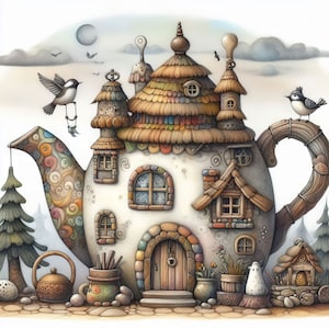 Digital Kit 58 Whimsical Teapot House Images Digital Art Printable Kit Instant Digital Download Scrapbooking Craft Paper