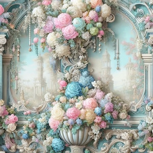 Op de afbeelding: Twee sierlijke, decoratieve bloemstukken in vintage stijl. De bovenste opstelling heeft roze, witte en blauwe bloemen, terwijl de onderste opstelling roze, witte en blauwe bloemen in een vaas heeft.