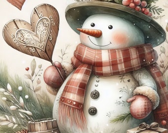 May include: A snowman wearing a red and black plaid scarf and a green top hat with holly and berries. The snowman is holding a wooden heart-shaped ornament and a small gift box. The background is a vintage-style paper with a snowy scene.