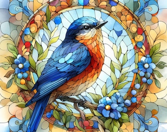 Pode incluir: Uma ilustração em estilo vitral de um pássaro azul empoleirado em um galho com flores azuis. O pássaro tem um peito laranja brilhante e asas azuis. O fundo é um design circular de vitral com cores amarelas, laranja e verdes.
