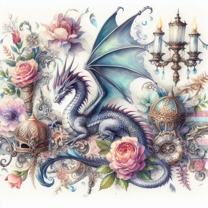 May include: A blue and silver dragon with wings spread wide, surrounded by roses, a golden cage, and a chandelier with candles. The dragon is perched on a branch with its tail curled around a rose.
