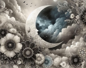 May include: A grayscale illustration features a crescent moon with a face, intricate patterns, and a starry night sky. Fluffy clouds and detailed flowers surround the moon. Birds fly in the distance, and a full moon is visible.