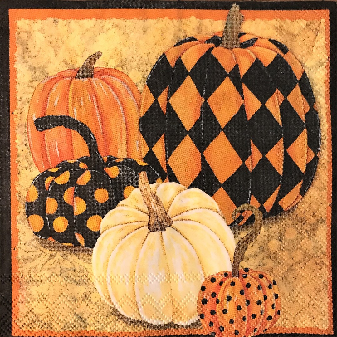 Decoupage Napkins, 5 X 5, Harlequin Pumpkins Napkin, Decoupage Napkin