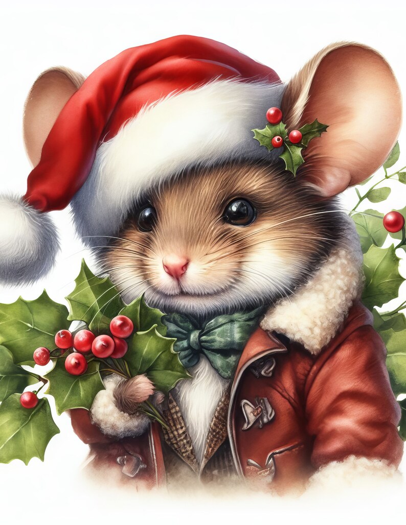 May include: A charming illustration of a mouse dressed for the holidays. The mouse wears a red Santa hat with white trim, a red jacket with a white fur collar, and a green plaid bow tie. It holds holly with red berries.