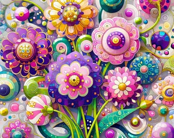 May include: A vibrant, colorful floral arrangement featuring stylized flowers in shades of purple, pink, yellow, and green. The design includes intricate details and a whimsical, artistic style, with a variety of shapes and patterns.