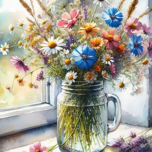 Puede incluir: Un tarro de vidrio lleno de un ramo de flores silvestres, incluyendo margaritas, aciano y cosmos. El tarro tiene un asa y está sentado sobre una superficie de madera cerca de una ventana.