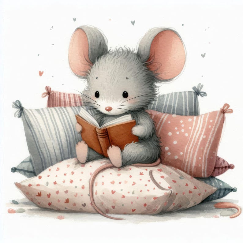 Op de afbeelding: Een grijze muis met roze oren zit op een stapel kussens en leest een bruin boek. De kussens zijn roze, wit en blauw met verschillende patronen.