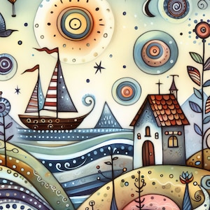 Pu&ograve; includere: Un'illustrazione fantasiosa di un paesaggio marittimo con una barca a vela, una piccola casa e una variet&agrave; di forme e motivi colorati. Il cielo &egrave; azzurro con nuvole bianche e il sole &egrave; un cerchio giallo brillante con anelli arancioni e gialli. Il mare &egrave; blu scuro con onde bianche e la casa &egrave; un cottage bianco con un tetto rosso. La barca a vela ha una vela a strisce rosse e bianche e uno scafo marrone. L'illustrazione &egrave; realizzata in stile acquerello e ha un aspetto molto fantasioso e affascinante.