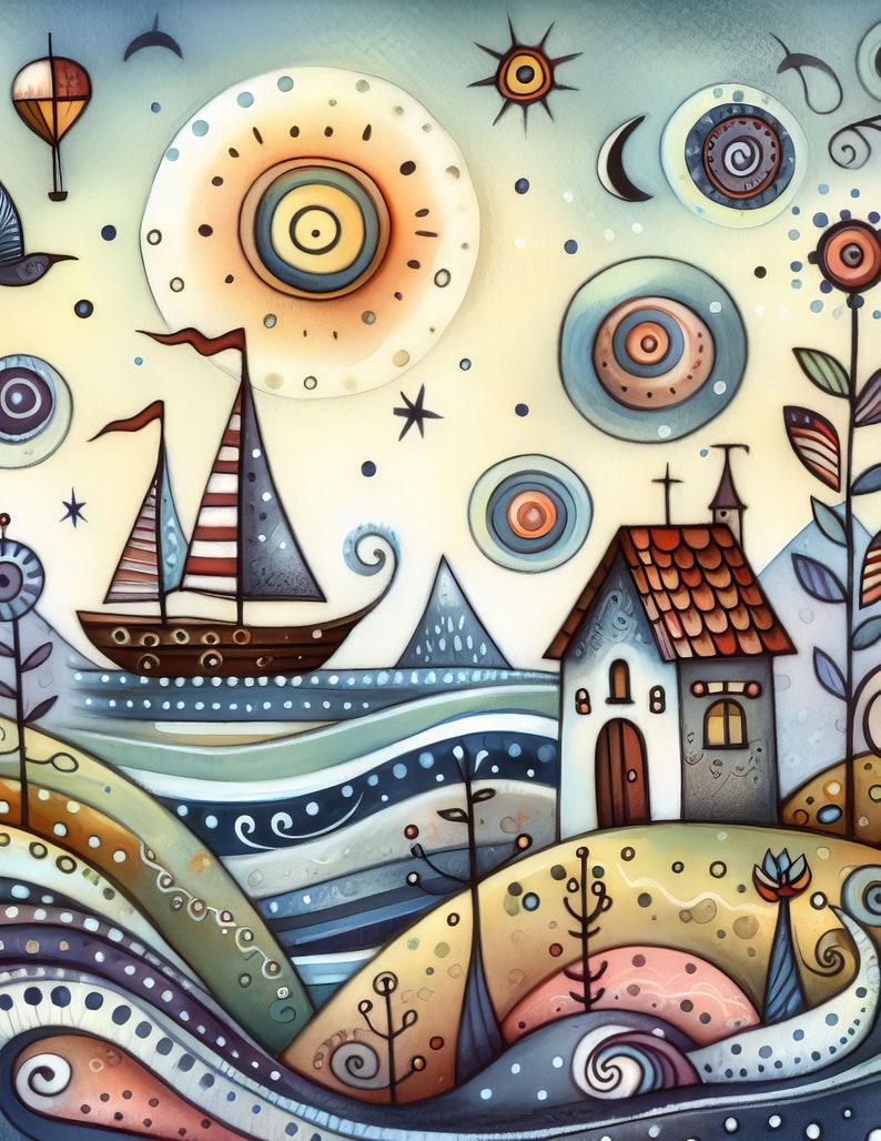 Pu&ograve; includere: Un'illustrazione fantasiosa di un paesaggio marittimo con una barca a vela, una piccola casa e una variet&agrave; di forme e motivi colorati. Il cielo &egrave; azzurro con nuvole bianche e il sole &egrave; un cerchio giallo brillante con anelli arancioni e gialli. Il mare &egrave; blu scuro con onde bianche e la casa &egrave; un cottage bianco con un tetto rosso. La barca a vela ha una vela a strisce rosse e bianche e uno scafo marrone. L'illustrazione &egrave; realizzata in stile acquerello e ha un aspetto molto fantasioso e affascinante.