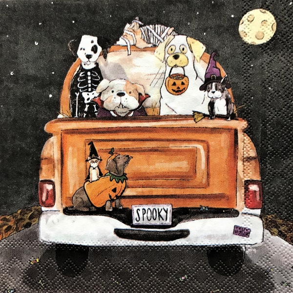 Decoupage Napkins, 5" x 5", Spooky Pups in a Truck Napkin, Halloween Napkin, Decoupage Art, Decoupage Napkin, Tissue Art, C289