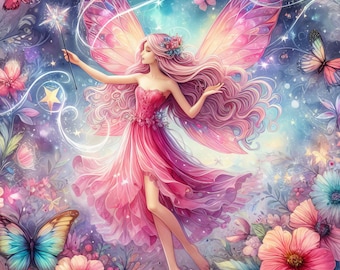 Può includere: Una fata con ali rosa e un vestito rosa vola attraverso un cielo stellato con una bacchetta magica. È circondata da fiori e farfalle.