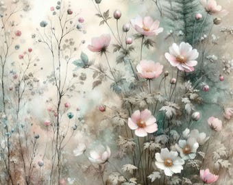 May include: A watercolor painting of a serene floral scene. Delicate pink and white flowers with yellow centers bloom amidst muted green foliage and slender branches. The background features soft, blended colors of beige, green, and gray, creating a dreamy, artistic effect.