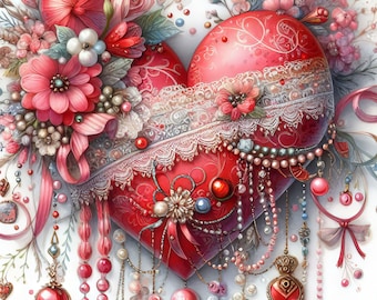 40 images Fancy Hearts in Pink and Red: Printable Digital Download, Vintage, Scrapbooking, Journaling, Card Making, Digital Art