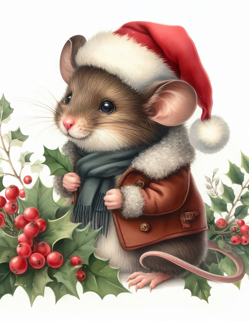 May include: A charming illustration of a mouse dressed for the holidays. The mouse wears a red Santa hat, a brown jacket with a fur collar, and a teal scarf. Holly with red berries frames the mouse, creating a festive Christmas theme.
