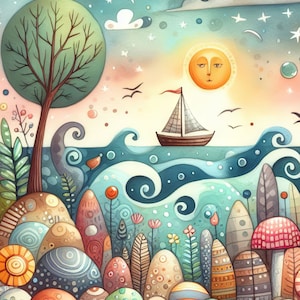 Pu&ograve; includere: Un dipinto ad acquerello di un paesaggio fantasioso con una barca a vela su un mare blu, un sole con un viso, un albero verde e funghi e fiori colorati.
