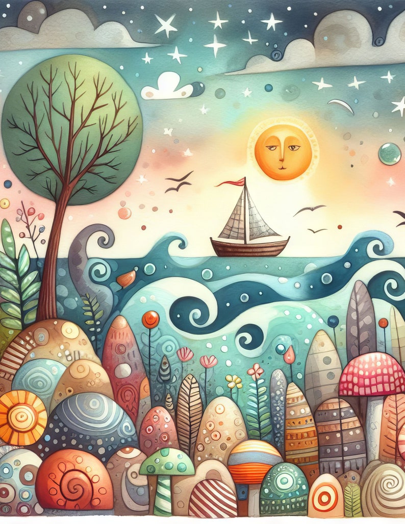 Pu&ograve; includere: Un dipinto ad acquerello di un paesaggio fantasioso con una barca a vela su un mare blu, un sole con un viso, un albero verde e funghi e fiori colorati.