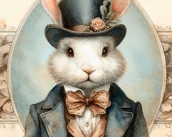 May include: Watercolor illustration of a dapper rabbit wearing a top hat, bow tie, and suit. The rabbit has white fur, pink ears, and brown eyes. The background is a light blue oval with decorative elements.