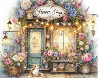 May include: Watercolor illustration of a flower shop with a sign that reads "Flower Shop". The shop is decorated with various flowers, string lights, and a cat sitting on the porch. The shop has a teal door and window.