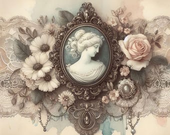 May include: An antique-style illustration featuring a cameo portrait of a woman in a decorative oval frame. The frame is surrounded by white flowers, a pink rose, and ornate lace details, all set against a soft, watercolor background.