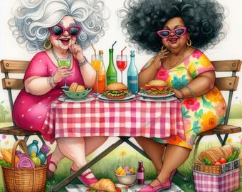 May include: A whimsical illustration depicts two women enjoying a picnic. They sit at a red and white checkered table laden with food and drinks. One woman wears a pink dress and sunglasses, the other a floral dress and sunglasses. Baskets and a picnic blanket complete the scene.