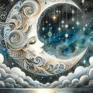 Può includere: Una luna crescente con intricati disegni a filigrana bianchi e dorati, su uno sfondo di cielo notturno blu scuro con stelle scintillanti. La luna è raffigurata come il viso di una donna addormentata con gli occhi chiusi. L'immagine presenta una superficie d'acqua riflettente sotto la luna.