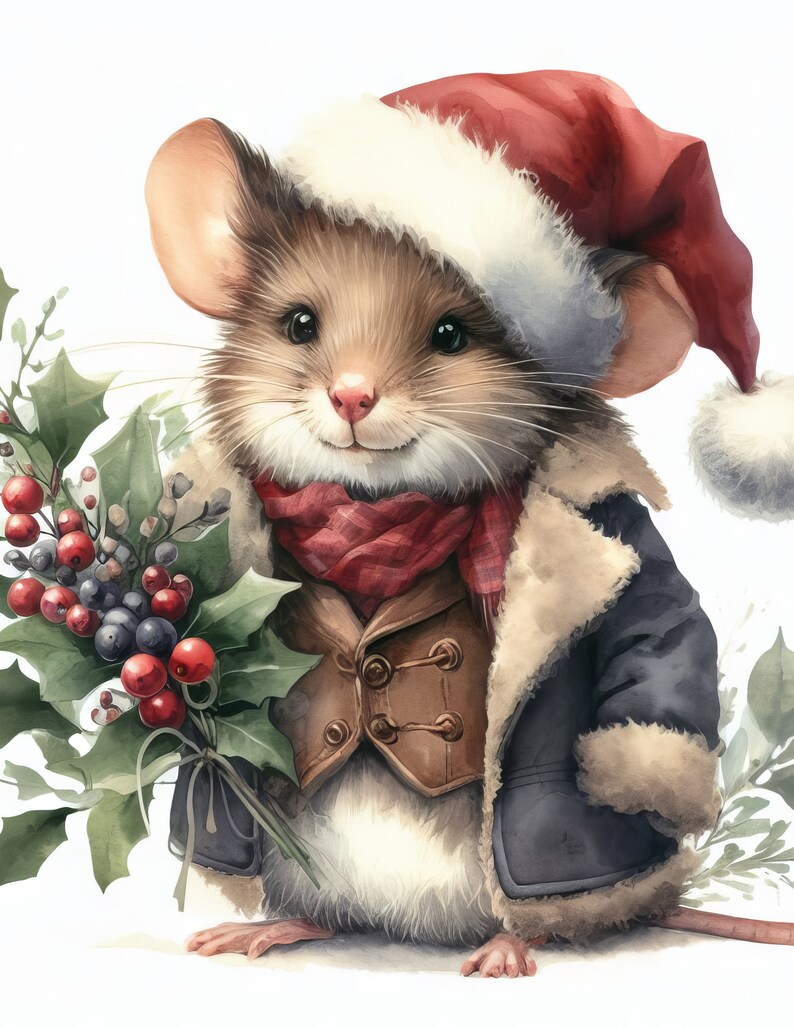 May include: A watercolor illustration of a mouse dressed for the holidays. The mouse wears a Santa hat, a red scarf, a brown vest, and a dark blue coat with a fur collar. It holds a bouquet of holly with red berries.