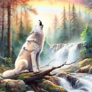 May include: A white wolf howls at the sky in a watercolor painting. The wolf is sitting on a log in a forest setting with a waterfall in the background. A rainbow is visible in the sky.