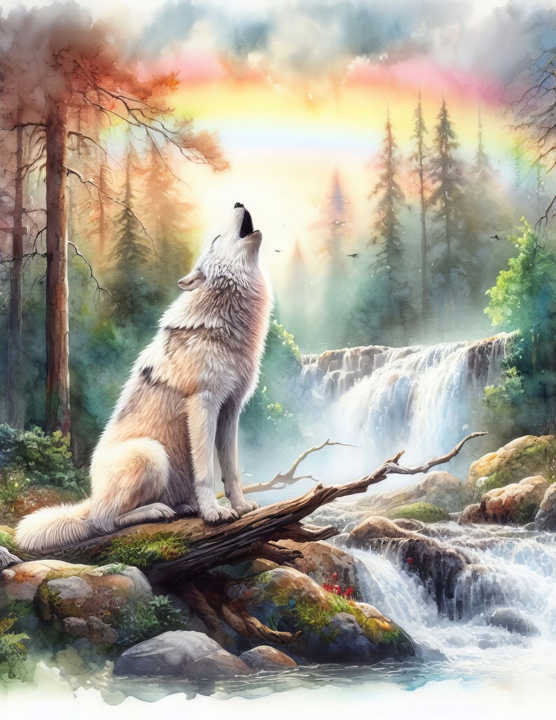 May include: A white wolf howls at the sky in a watercolor painting. The wolf is sitting on a log in a forest setting with a waterfall in the background. A rainbow is visible in the sky.