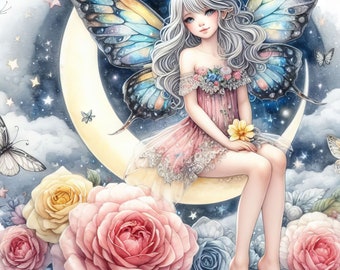 Può includere: Una fata con i capelli bianchi e un vestito rosa è seduta su una luna crescente con ali di farfalla con motivi galattici. La luna è circondata da nuvole e stelle. Ci sono rose rosa, gialle e blu intorno alla luna.