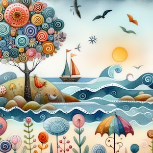 Pu&ograve; includere: Un dipinto ad acquerello di un albero colorato e fantasioso con una barca a vela su un mare blu. L'albero &egrave; composto da molti cerchi e spirali in tonalit&agrave; di blu, verde, arancione e rosso. Il mare &egrave; di un blu profondo con onde bianche. Il cielo &egrave; di un azzurro chiaro con una nuvola bianca. Il sole &egrave; un cerchio giallo brillante nell'angolo in alto a destra del dipinto.
