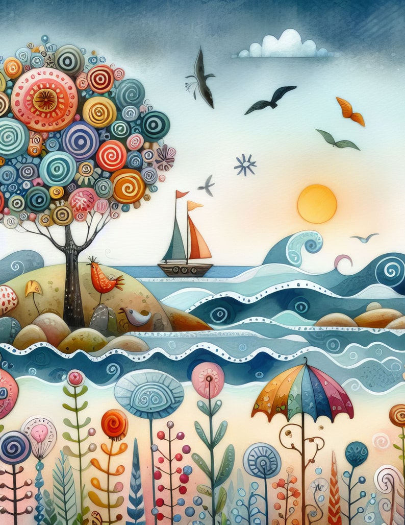 Pu&ograve; includere: Un dipinto ad acquerello di un albero colorato e fantasioso con una barca a vela su un mare blu. L'albero &egrave; composto da molti cerchi e spirali in tonalit&agrave; di blu, verde, arancione e rosso. Il mare &egrave; di un blu profondo con onde bianche. Il cielo &egrave; di un azzurro chiaro con una nuvola bianca. Il sole &egrave; un cerchio giallo brillante nell'angolo in alto a destra del dipinto.