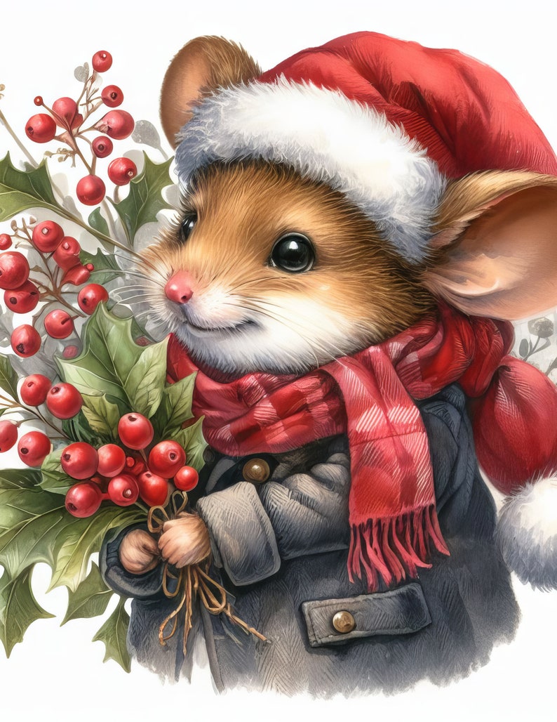 May include: A charming illustration of a mouse wearing a Santa hat, red plaid scarf, and a gray coat. The mouse holds a bouquet of holly with red berries. The image has a festive, holiday theme.
