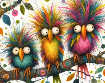 May include: Three colorful cartoon birds with large eyes and crazy hair perched on a branch with a white background. The birds are yellow, pink, and blue.